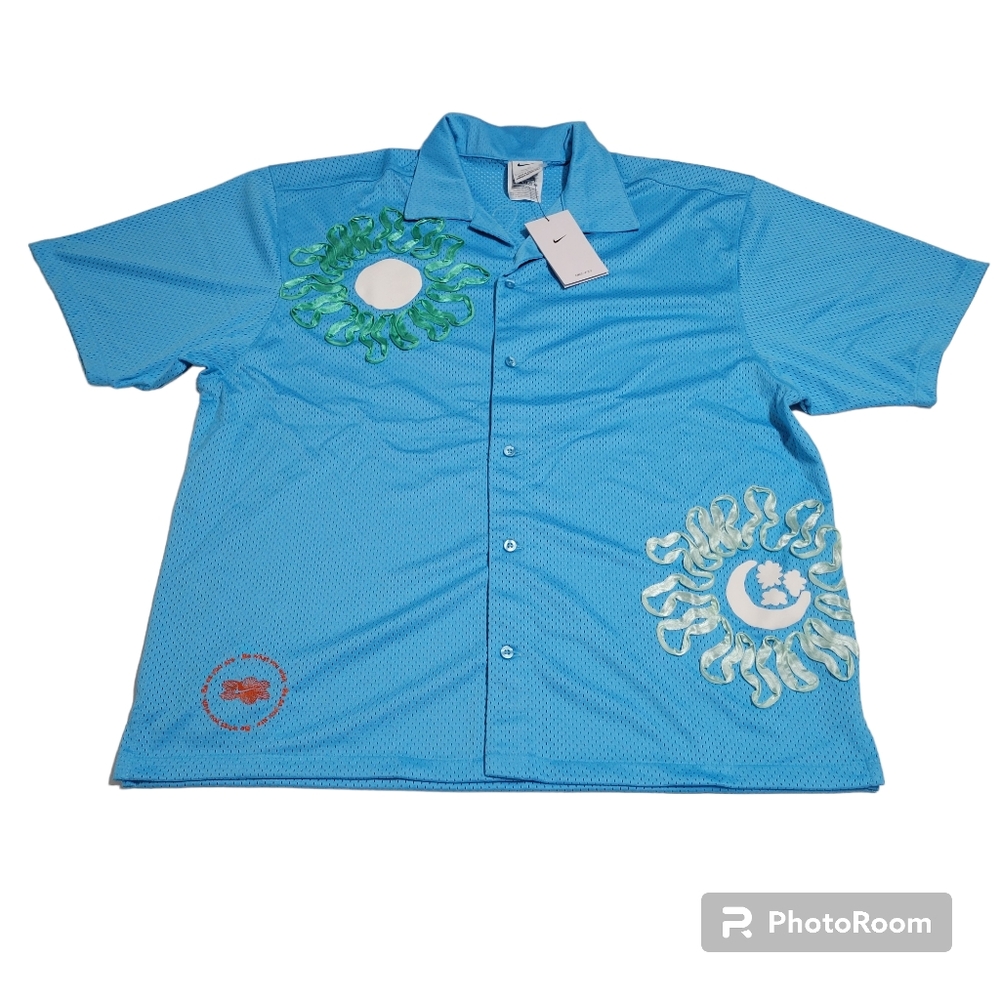 Nike Blue Short Sleeve Button Down Shirt with Green and White Sunburst Accents